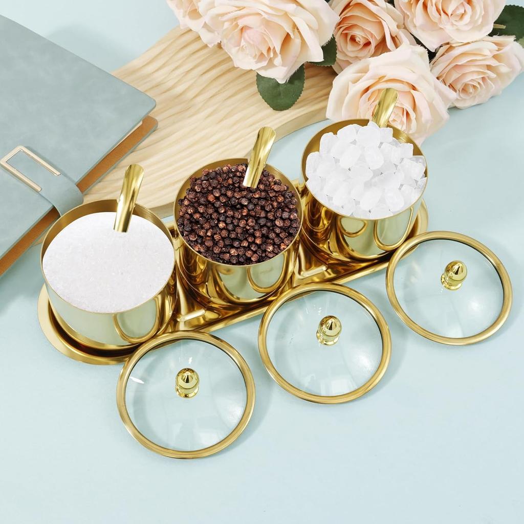 Edelstahl Zuckerschale Set mit Glasdeckel und Löffel 3-Fächer Gewürzglas Set mit Tablett Wiederverwendbare Gewürzdosen Töpfe Set Stilvolle Gewürzbox