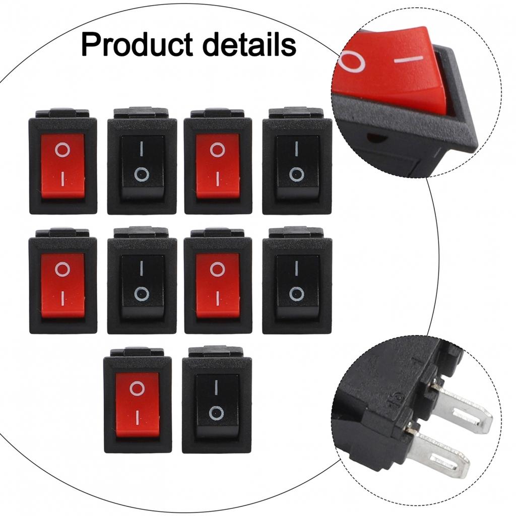 10PCS For Mini Rocker Switch 2 Pin ON OFF SPST Black Red for Cars Household Use