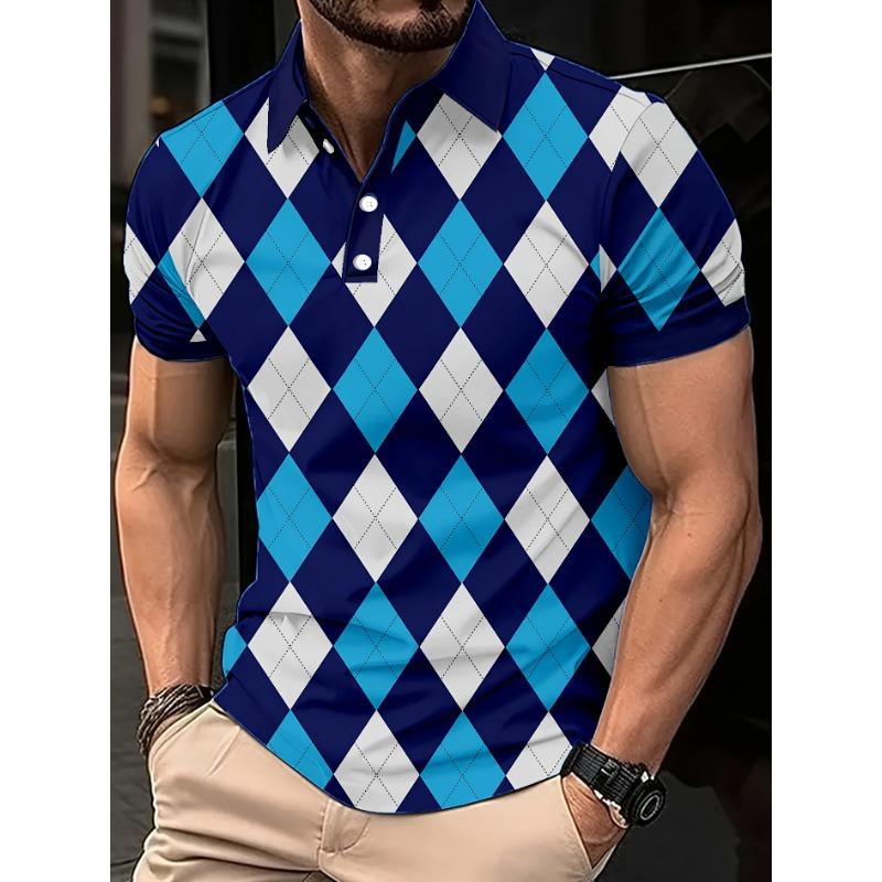 Men's Color Blocking Plaid Golf Shirt for Summer, Casual Stylish Short Sleeve Top As Gift, Breathable, Collar