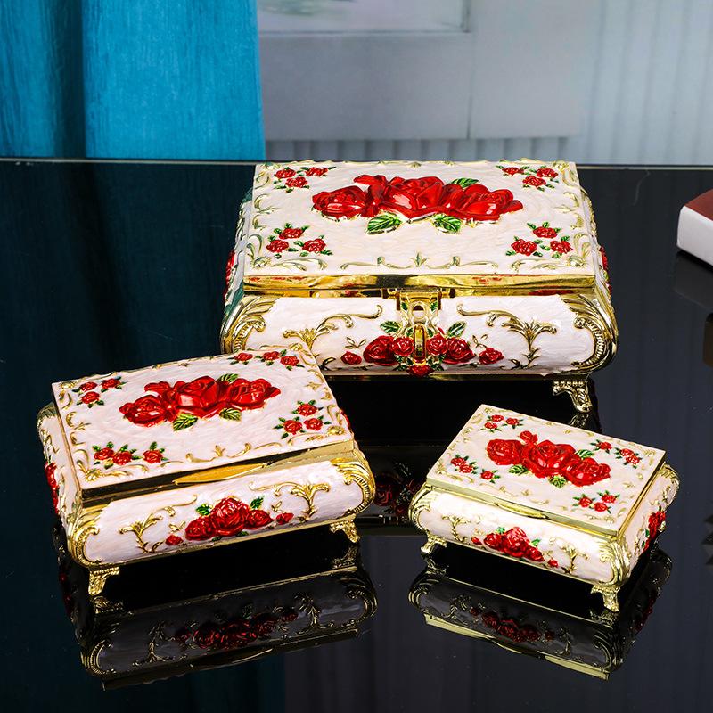 High-End European Metal Jewelry Box with Rose Design, Luxury Decorative Storage Organizer for Necklaces Rings Wedding Gift