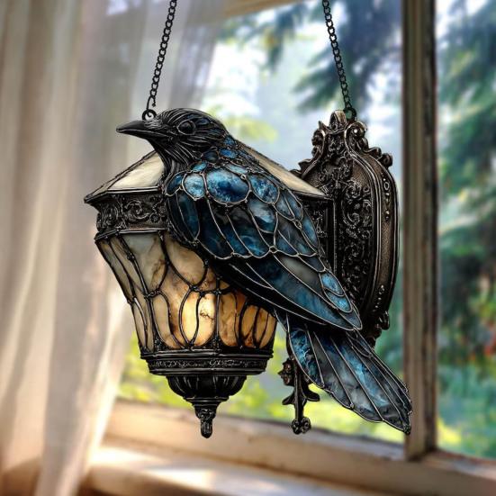 Raven On Lantern Acrylic Suncatcher Faux Stained Glass Window Wall Hanging Ornament Gothic Crow On Lamp Halloween Decor for Dark Academia Home Decor