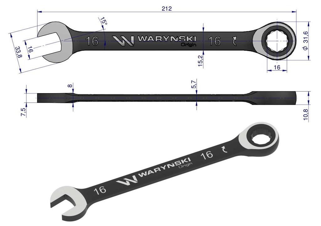Klucz Płasko-Oczkowy 16 Mm Z Grzechotką 72 Zęby Standard Asme B107-2010 Waryński