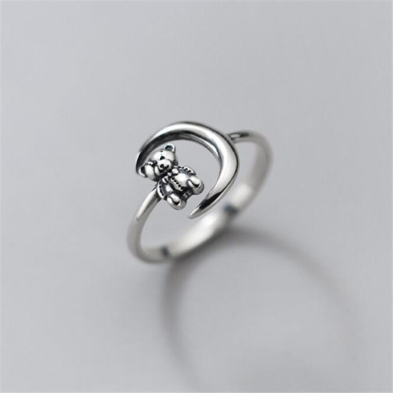 925 Sterling Silber Vintage Mond Bär Fingerring Partyschmuck für Frauen Mädchen Hochzeit Weihnachten Geburtstagsgeschenk
