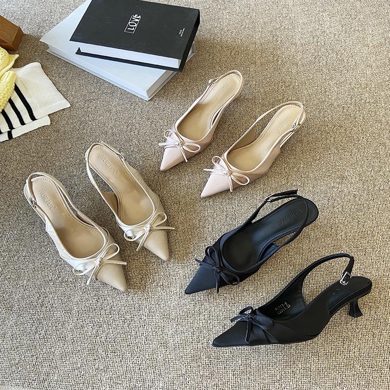 Bow pointed head empty word bag head sandals 2025 women's fashion new summer temperament versatile high heels