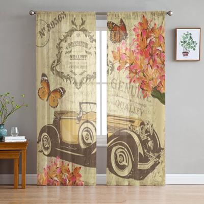 Vintage Retro Car Butterflies And Flowers Sheer Curtains for Living Room Tulle Window Curtain Bedroom Kitchen Veil Drapes