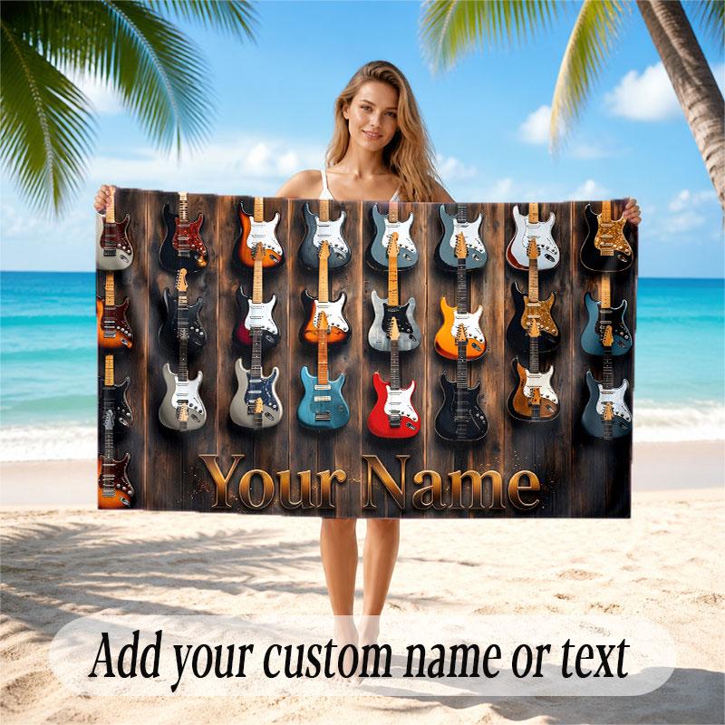 Music Guitar Theme Beach Towel Personalized Custom Name & Text Soft Quick Dry Beach Towel for Swimming Travel