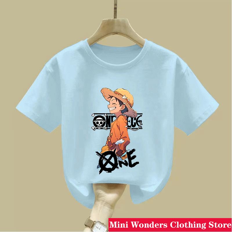 Koszulka z kreskówkowym anime One Pieces Luffy dla dzieci, chłopcy, pochłaniająca pot, oddychająca koszulka, letnie ubrania dla nastolatków