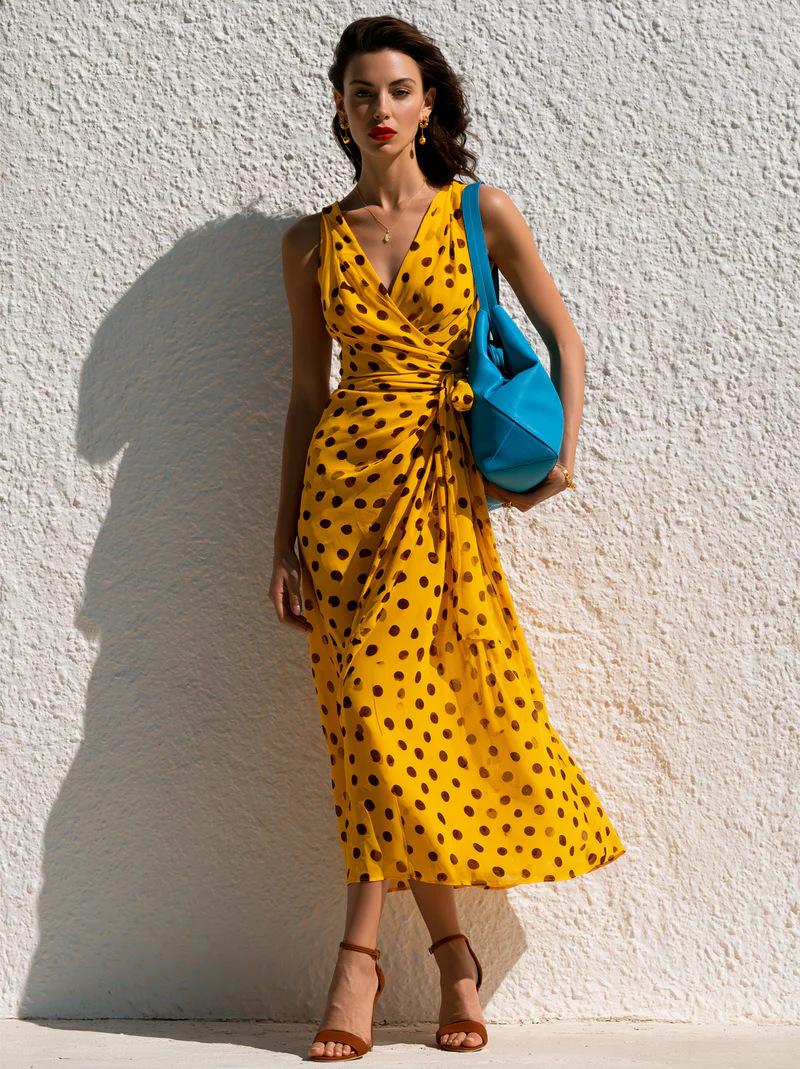 2026 Summer French Retro Yellow Polka Dot Wrap Dress, Sleeveless V-Neck Waist Lace-Up Vacation Medium Dress S