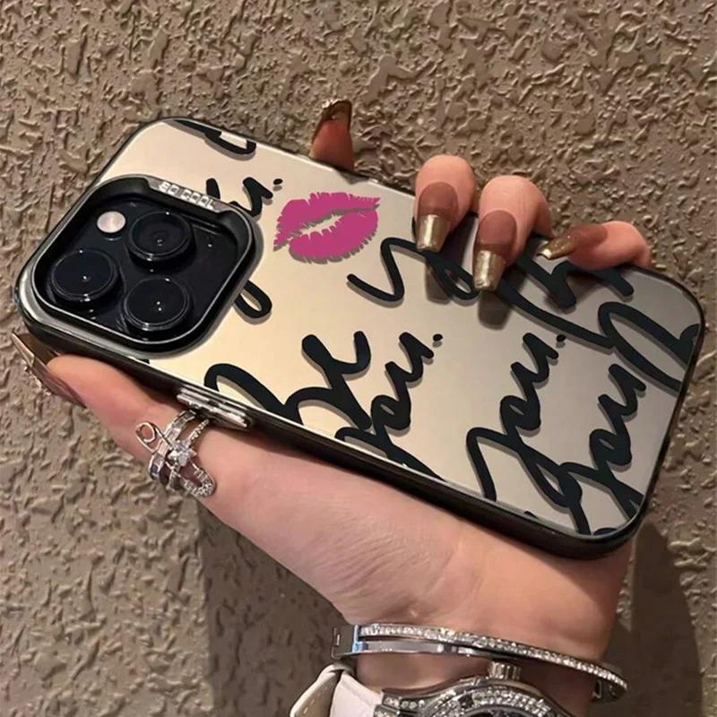 English Letter Lips Label Phone Case For iPhone 16 15 Pro Max 14 13 12 11 Pro XR XS 7 8 16 Plus SE2 Shockproof Cover