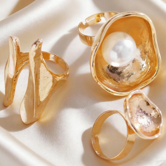 Finger Ring Imitation Pearl Embellishment Artistic Irregular Shape Wide Double-Strip Design Women Ring Anti-Oxidation Jewelry