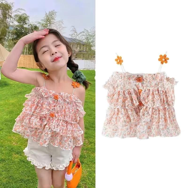 Girls Summer Floral Camisole Thin Breathable Ruffle Sleeveless Top Baby Cool Fashion Vest
