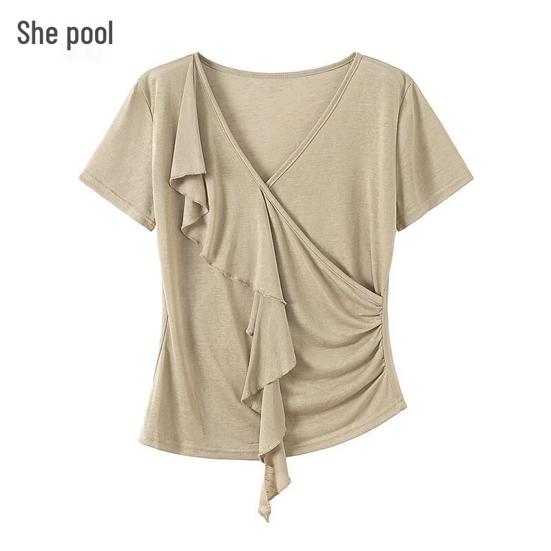 French Ruffle V-Neck Short Sleeve T-Shirt L