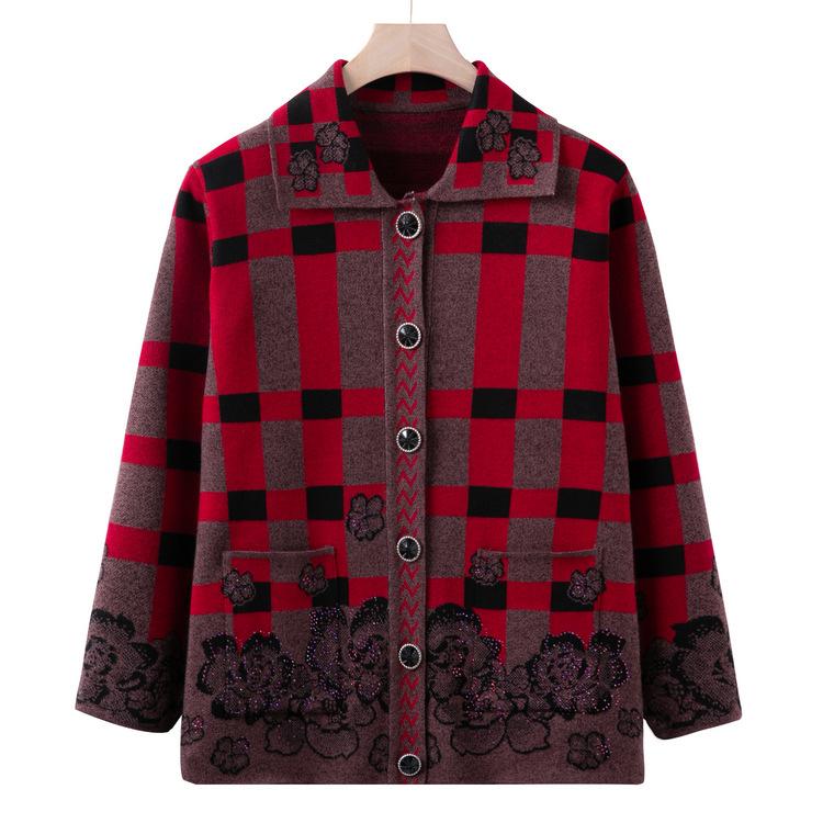 Grandma's Winter Sweater Cardigan Lapel Spring and Autumn Mother's New Knitted Sweater Middle-aged and Elderly Tops Old People's Clothes