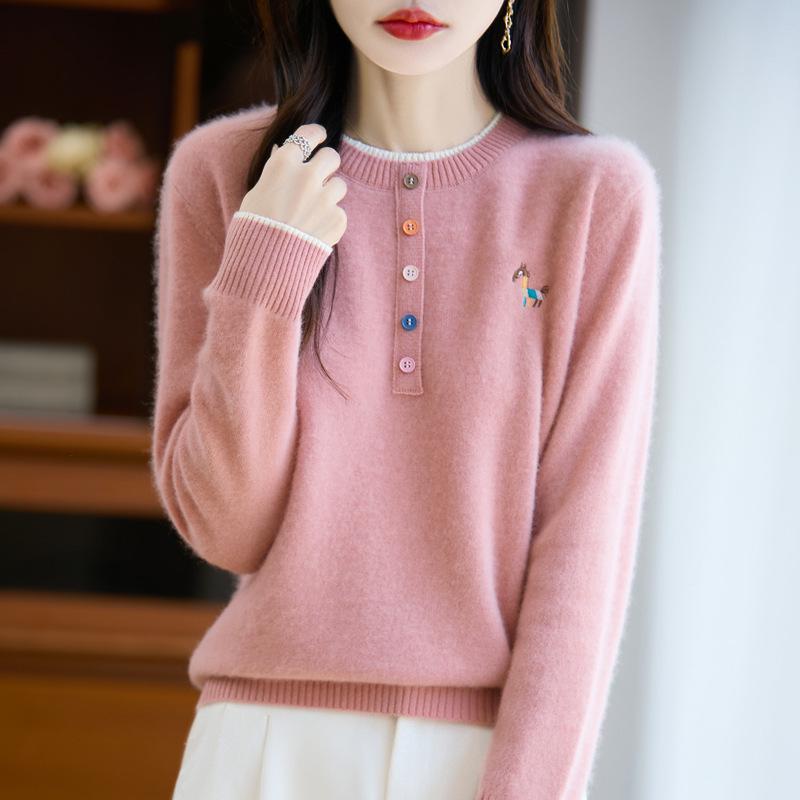 Women's Color Block Embroidered Wool Sweater - Round Neck, Fake Two-Piece Loose Knitwear (2025 Autumn/Winter)