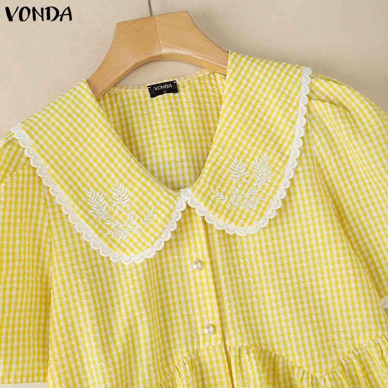 VONDA Zomer Dames Poppenkraag Korte Mouw Geruite Print Casual Blouse Tops