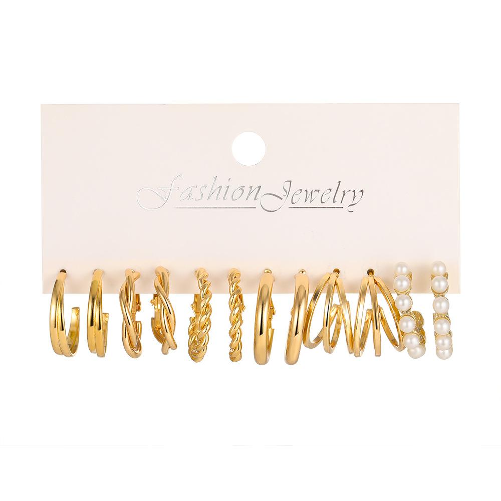 LATS Boho Big Circle Hoop Earring Set for Women Gold Color Bohemia Vintage Pearl Square Earring Heart Zircon Ear Studs Zircon