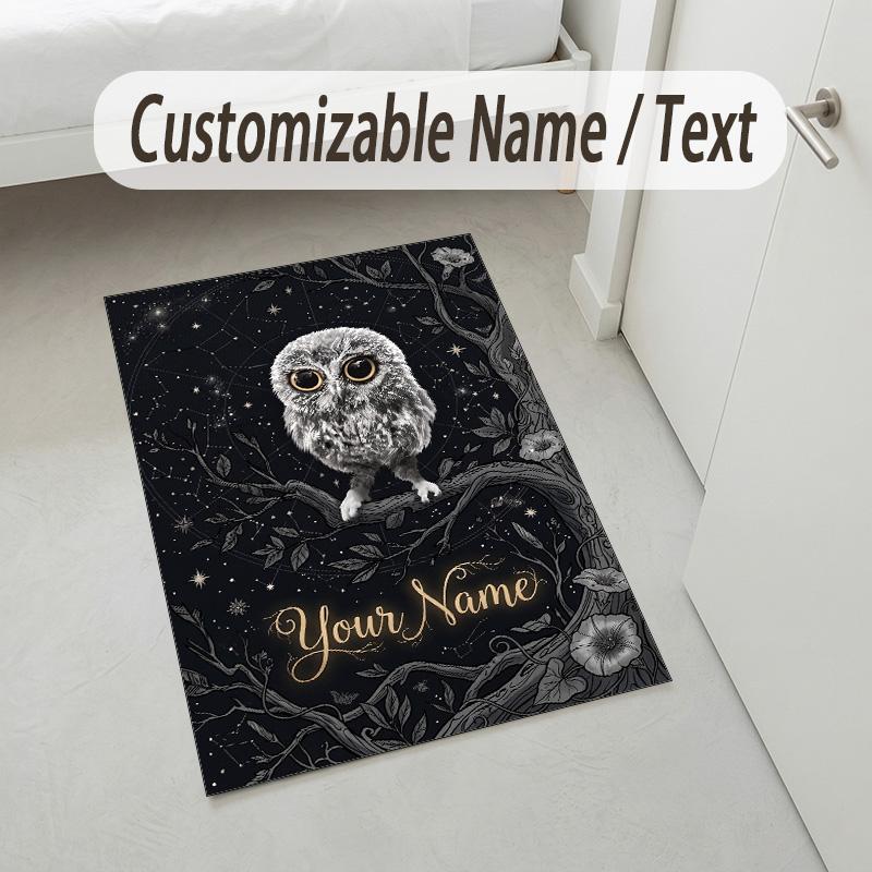 Night Owl Art Theme Soft Crystal Velvet Rug Custom Name & Text Print Non Slip Floor Rug for Bedroom Living Room
