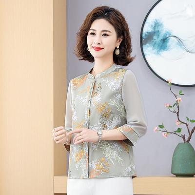 2026 Summer Elegant Three-Quarter Sleeve Shirt for Mothers - New Chinese Style for Middle-Aged and Elderly Women