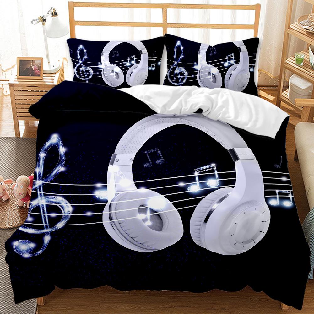 Headphones Duvet Cover Set Rock Music Melody Note Comforter Cover Pink Headset Polyester Bedding Set for Kid Boy Girl King Size