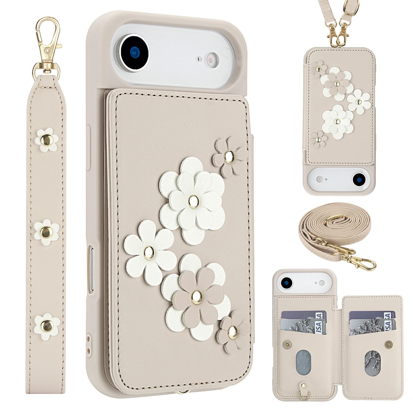 For iPhone Air Case Card Slots Leather Coated TPU Flower Phone Cover with 2 Straps A