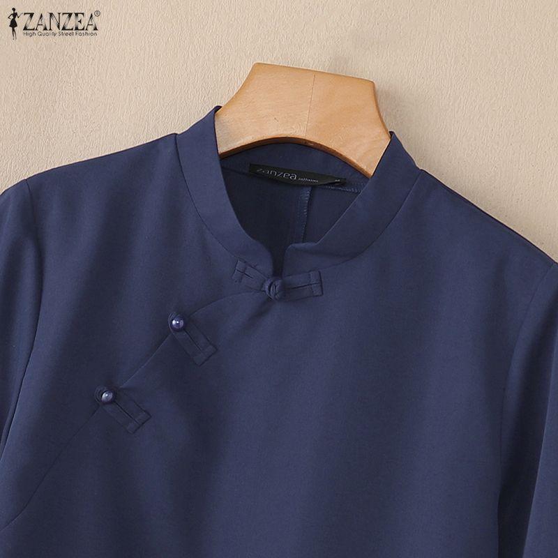 ZANZEA Damen Lässige Stehkragen Patchwork 3/4 Ärmel Retro Bluse