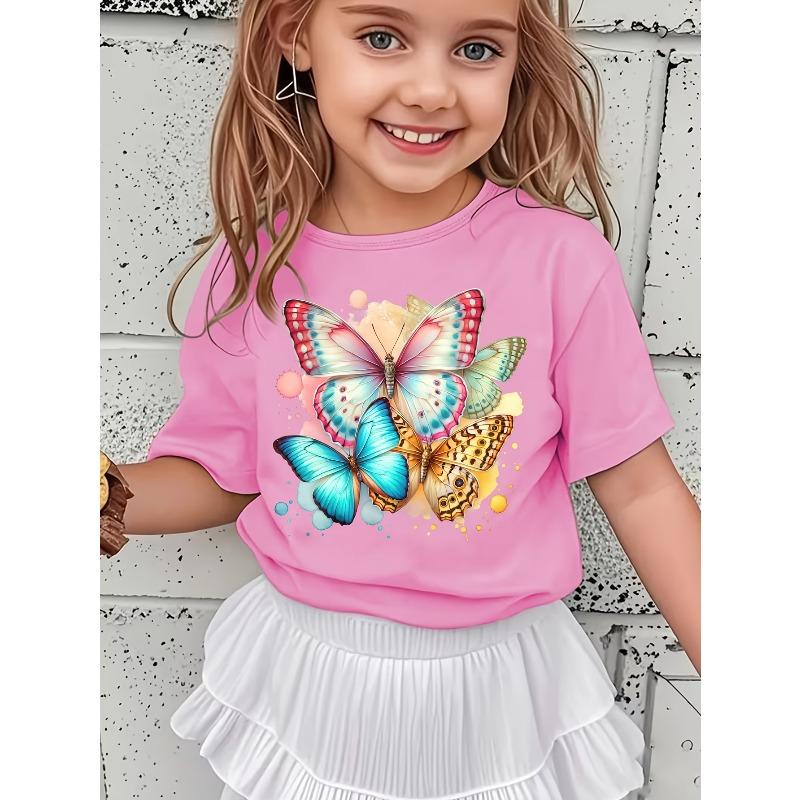 Girls' Butterfly Print Trendy Casual T-Shirt
