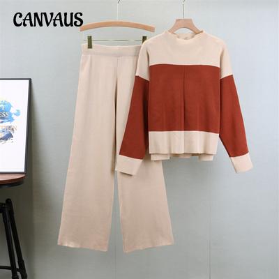Completo Pantaloni Autunnale da Donna Taglia Forte Moda Maglione Girocollo Largo Color Block Pantaloni Casual a Gamba Larga