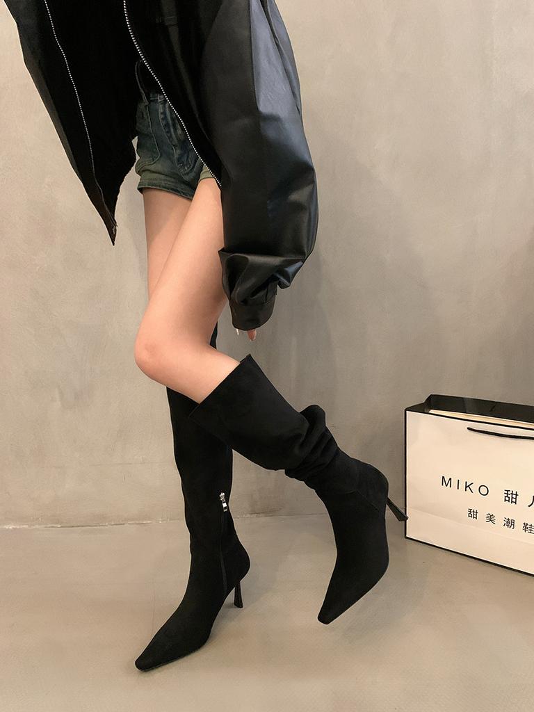 Pointed High Heel Over Knee Boots Women's Autumn French Khaki Fine Heel Pleated Pile Boots Knight Boots