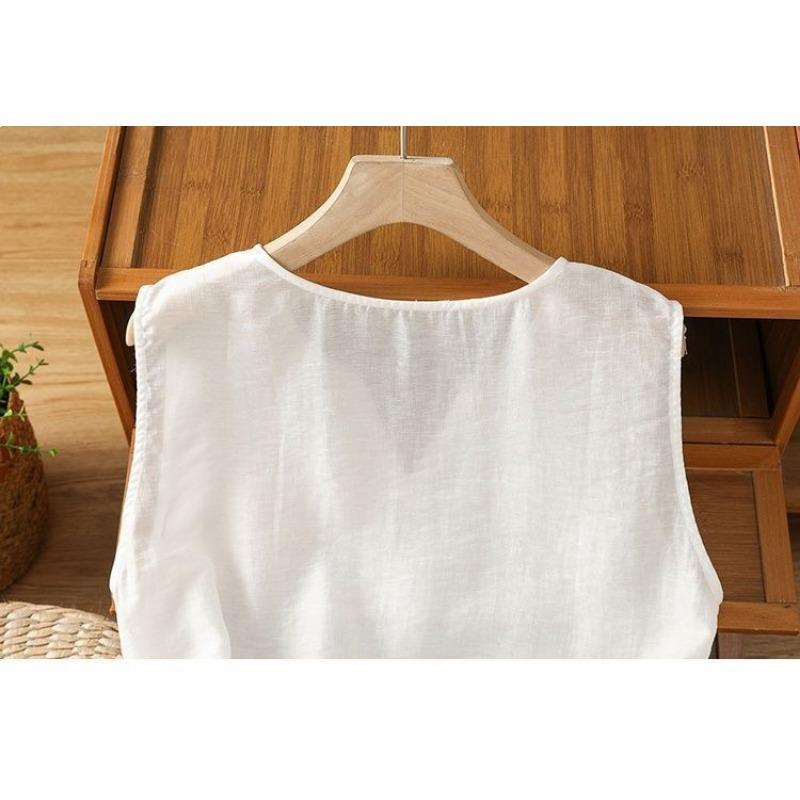 Women White Linen Blend Notch Neck Sleeveless Tank Top Hem Ethnic Embroidery Loose Casual Vest