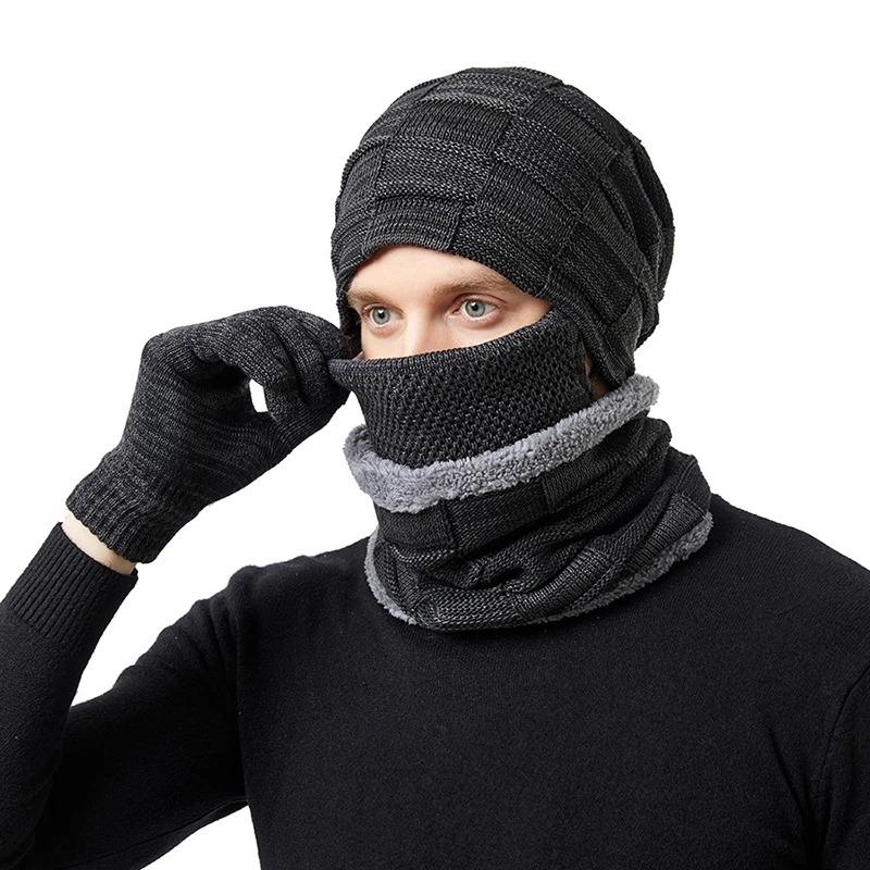 Winter Knitted Scarf Hat Glove Sets for Women Men Skiing Cap Cotton Lining Mask Touch Screen Woolen Gloves Plus Velvet Warm Thicken Beanies