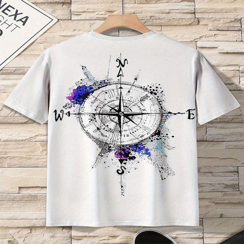 Summer Men's Breathable Polyester Fiber Short Sleeved T-shirt with Compass Print Casual Round Neck for Fashionable Outings