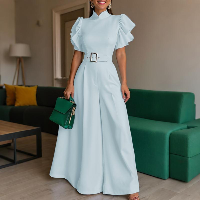 ZANZEA Womens Casual Stand Collar Short Sleeve Wide Leg Long Jumpsuits