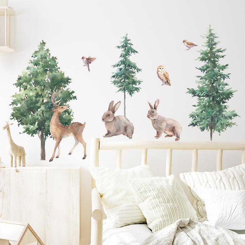 Cartoon Forest Deer Wall Stickers with Pine Trees, Removable Decals for Kids Room Nursery Kindergarten Decor