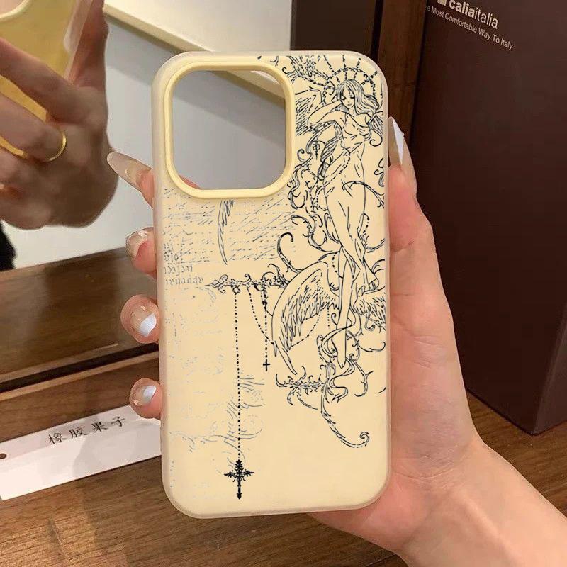 Gothic Style Angel Cross Line Drawing Phone Case For Xiaomi Mi Poco X7 X6 X5 M6 Pro 4G 5G Mi 15T Pro Candy Color 2in1 Soft Cover