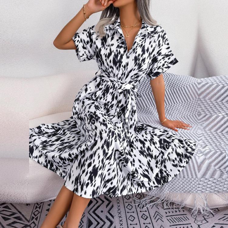 Summer Women Lace Up Leopard Print Loose Single Breasted Shirt Dress