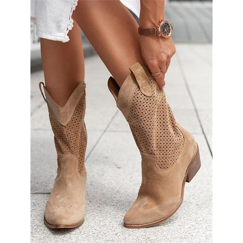 Fashion Women's Boots Mid Calf Retro Simple Suede Boots 5CM Square Heel Winter New Product Burnt Flower Suede Low Tube WomenShoe