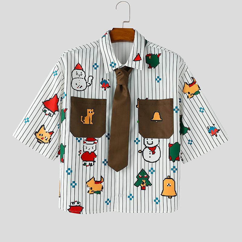 

INCERUN Men Tie Lapel Neck Short Sleeve Button Down Cartoon Print Casual Shirts Tops XL коричневый