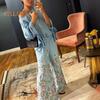 2 Pcs/Set Women Top Pants Set One Shoulder Slant Neck Three-quarter Sleeve Lace-up Cuff Blouse Flower Print Stretchy High Waist Wide Leg Trousers