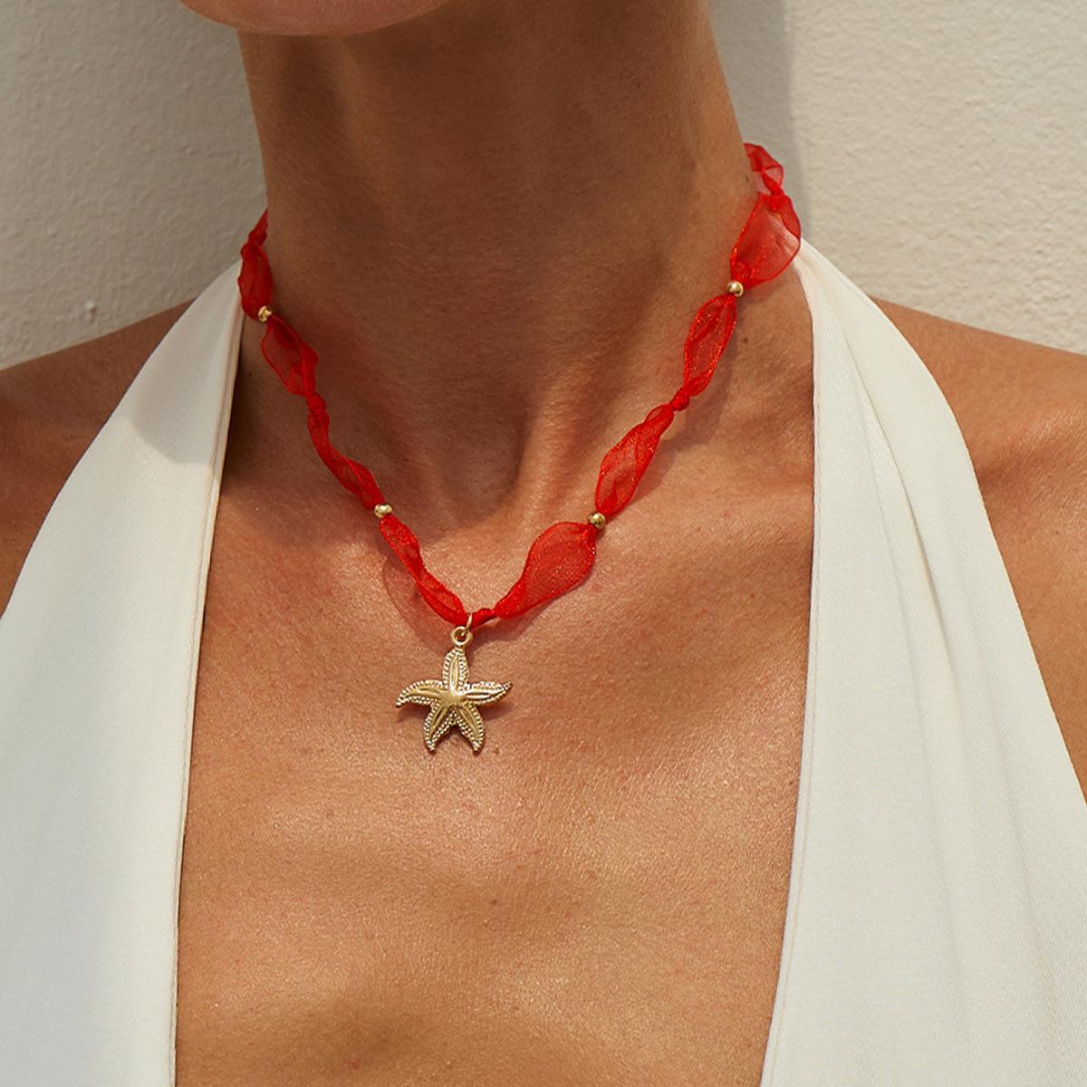 Ocean Wind Conch Starfish Scallop Shell Necklace, Sweet Mesh Knotted Beaded Collarbone Necklace