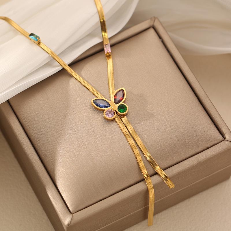 European Luxury Zircon Butterfly Stainless Steel Necklace for Women - Stylish Clavicle Chain Jewelry