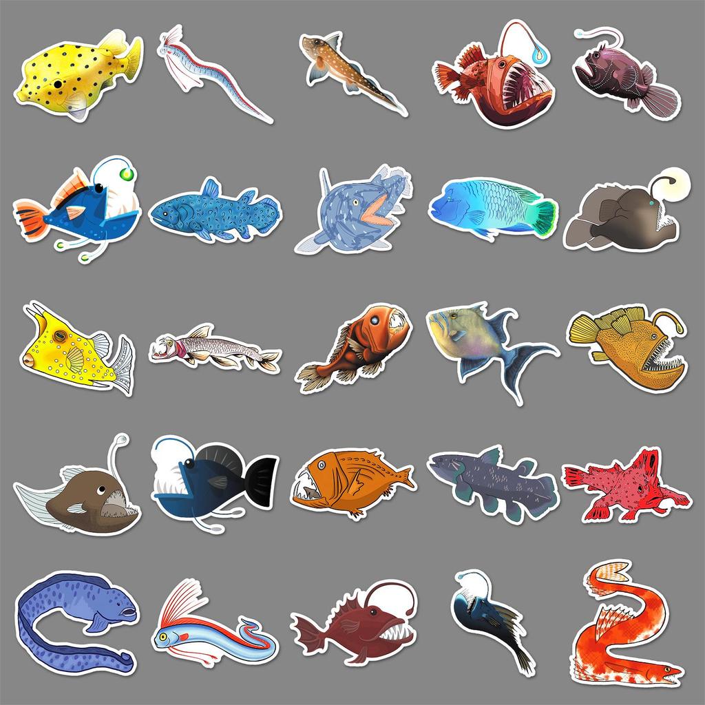 50-Pack Deep Sea Fish Cartoon Stickers: Waterproof Marine Life for Journals, Phone Cases, and Creative Decoration