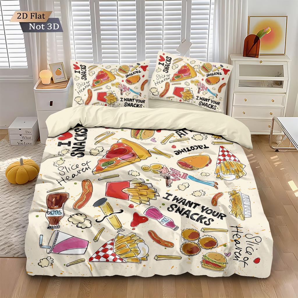 3pcs French Fries Fried Chicken Pizza Print Coreless Duvet Cover Set Comfortable Bedroom Bedding Decoration Machine Washable