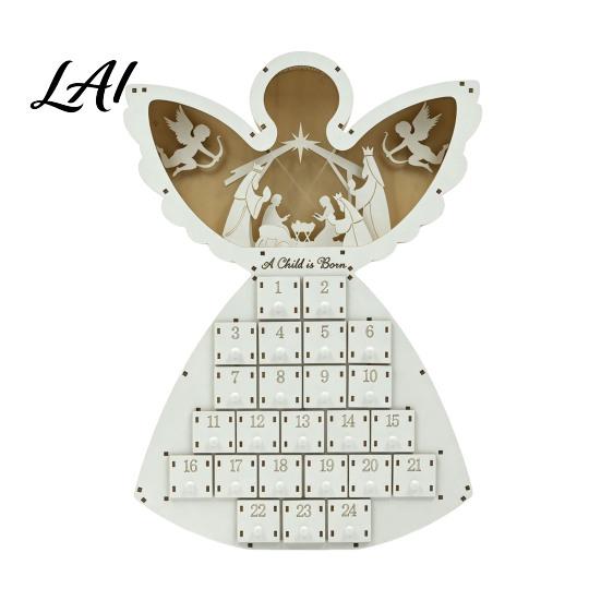 Advent Calendar for Candy Wooden Angel Christmas with 24 Storage Drawers Countdown Holiday to Tabletop Decoration Winter Party Favors LED Lighted