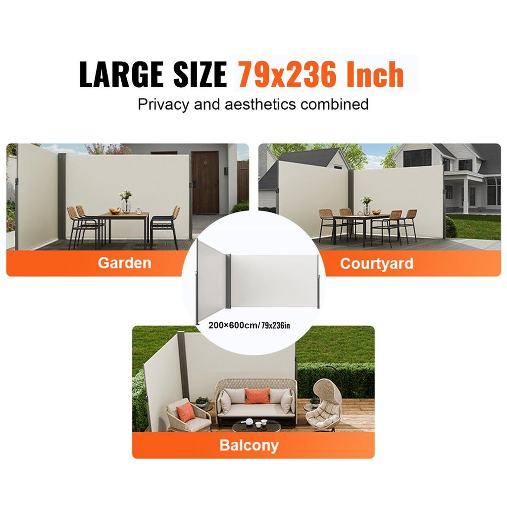 Retractable Side Awning, 79''x 236'' Outdoor Privacy Screen, 180g Polyester Water-proof Retractable Patio Screen, UV 30+ Room Divider Wind Screen for