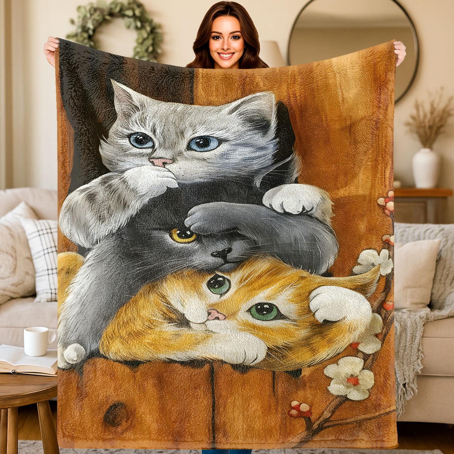 

Warmth Three Cats Theme Flannel printed blanket suitable for all seasons suitable for living room office sofa and travel 75x100cm