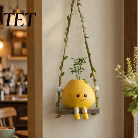 Decorative Pieces for Milk Tea Shops Cute Swinging Lemon Wall Hanging Ornament, Smiling Figurine, Resin Swing Vine Braided Lanyard Decor, Boho