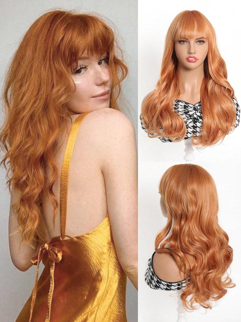 Synthetic Heat-resistant Halloween Orange Bangs Wig 20 Inch Long Wavy Curly Hair For Women (Daily , Daily Party ,Cosplay) Use