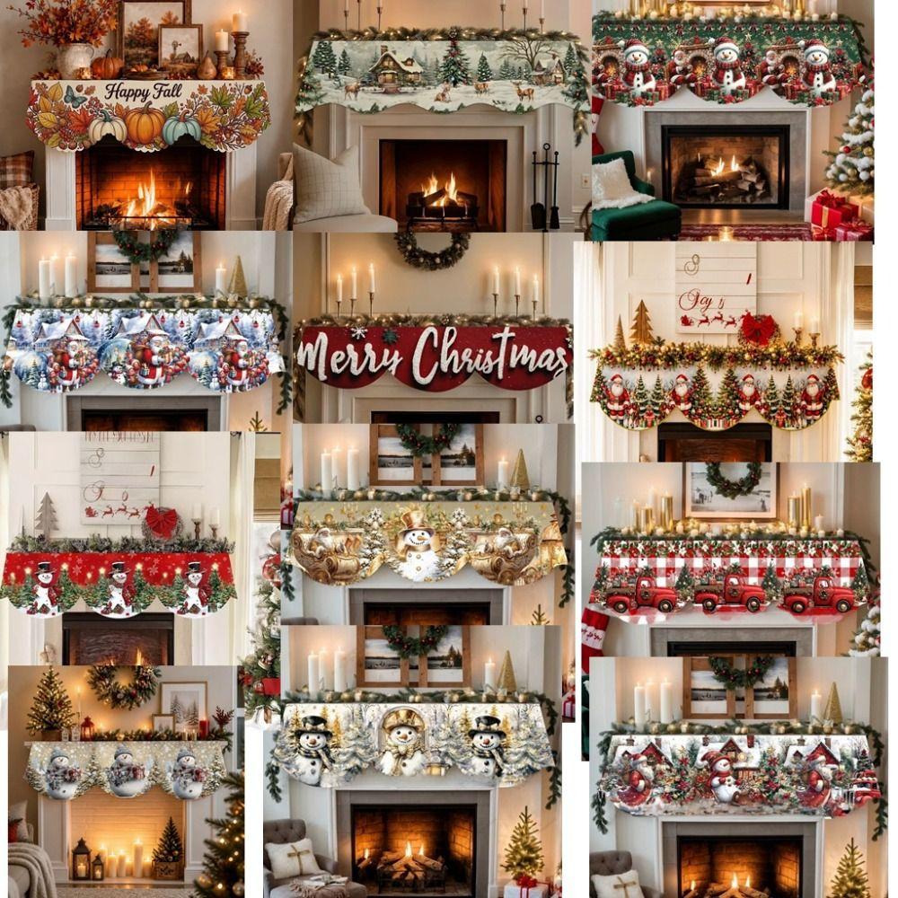 Santa Claus Mantel Topper Snow Landscape Xmas Mantel Decor Fireplace Shelf Cover Winter Holiday