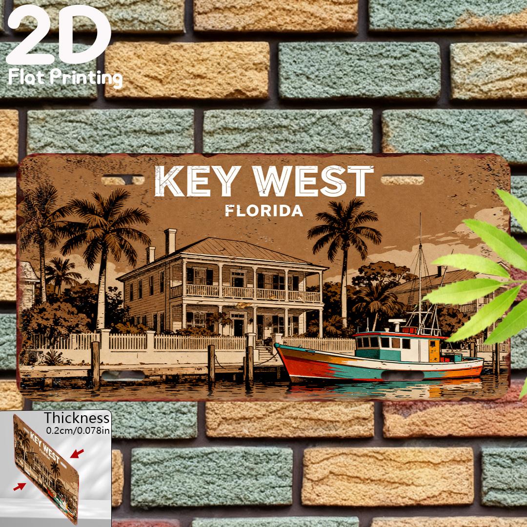 

D Flat Vintage KEY WEST FLORIDA Coastal Waterfront Scene Aluminum Tin Painting License Plate Shape Tropical Florida Keys Tra 15x30cm(5.9x7.8inch)