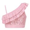Girls Asymmetrical Shoulder Sequin Crop Top Ruffle Detail Elastic Band Dance Performance Outfit